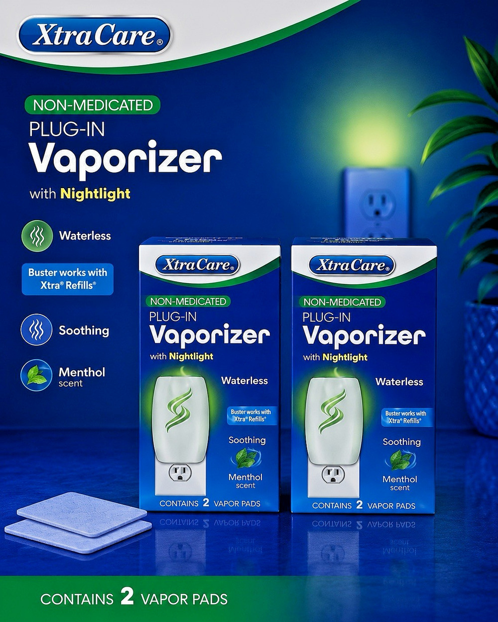 Lot of 2 Xtracare Plug In Waterless Vaporizer Nightlight Menthol Eucalyptus